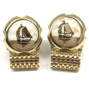 Cufflinks Porcelain Sail Boat Gold Mesh Wrap Around Vtg Men Formal Wear
